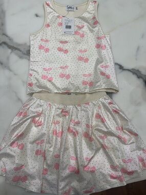 Girls Cherry Print Satin Tank & Skirt Set - Pink on Cream